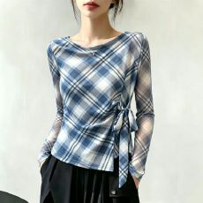 批发官拍大码双层女装网纱T恤女百搭罩衫蝴蝶印花气质绑带防晒上衣