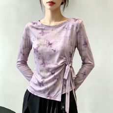 批发官拍大码双层女装网纱T恤女百搭罩衫蝴蝶印花气质绑带防晒上衣