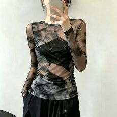 批发官拍大码女装复古印花双层网纱长袖防晒女春夏宽松轻薄罩衫上衣女