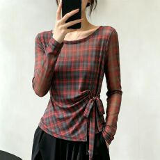 批发官拍大码女装T恤双层网纱春季新款扎染印花不规则绑带长袖上衣