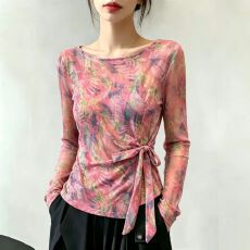 批发官拍大码女装双层网纱春秋新款扎染印花不规则绑带长袖T恤上衣