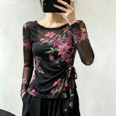 批发官拍大码女装春秋双层韩版印花气质绑带长袖T恤女新款网纱上衣