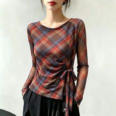 批发官拍大码女装夏季韩版印花气质绑带长袖T恤女设计感双层防晒上衣