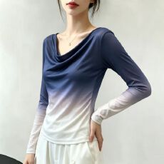 批发官拍大码女装渐变色双层网纱V领设计感长袖T恤修身显瘦防晒上衣