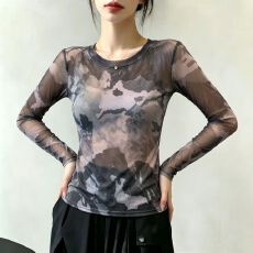 批发官拍大码女装复古双层网纱长袖T恤薄款夏季罩衫防晒百搭别致上衣