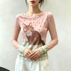 批发官拍大码胖小猫碎花双层网纱长袖t恤女夏季新款显瘦绝美底衫上衣