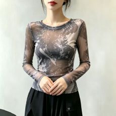 批发官拍大码女装复古双层网纱长袖T恤薄款夏季罩衫防晒百搭别致上衣