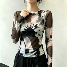 批发官拍大码女装复古印花微透罩衫长袖双层网纱t恤女夏季薄款上衣