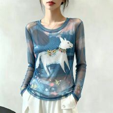 批发官拍大码女装高级感印花双层网纱长袖T恤夏季新款防晒罩衫上衣女