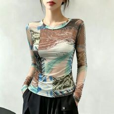 批发官拍大码女装晕染双层网纱长袖t恤夏季叠穿薄款防晒罩衫透气上衣