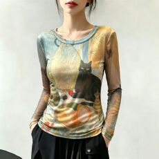批发官拍大码女装晕染双层网纱长袖t恤夏季叠穿薄款防晒罩衫宽松上衣