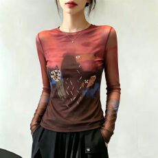 批发官拍大码女装夏季新款时尚T恤卡通印花洋气减龄长袖双层网纱上衣