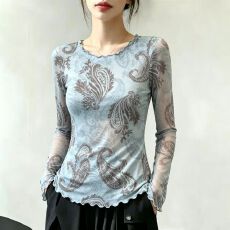 批发官拍大码女装印花薄款长袖双层网纱t恤夏季外搭罩衫木耳边防晒衫