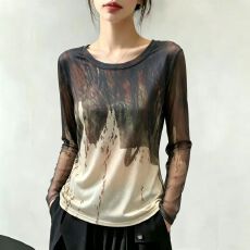 批发官拍大码女装设计感扎染长袖双层网纱T恤女夏季百搭修身防晒上衣
