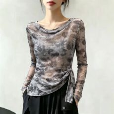 批发官拍大码女装夏季韩版印花绑带长袖T恤女新款设计感双层网纱上衣
