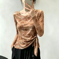 批发官拍大码女装夏季韩版印花绑带长袖T恤女新款设计感双层网纱上衣