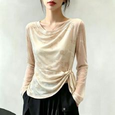批发官拍大码女装夏季韩版印花绑带长袖T恤女新款设计感双层网纱上衣