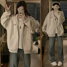 批发实拍花灰连帽腊肠狗开衫卫衣女2025年春秋新款韩版宽松慵懒风外套