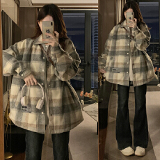 批发实拍情侣美式小LOGO大格子毛呢外套宽松<b class='q'>翻领</b>夹克女宽松秋季上衣