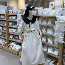 批发2025桔衣梓夏新 日系<b class='q'>复古</b>刺绣娃娃领可收腰灯笼袖短袖连衣裙森女