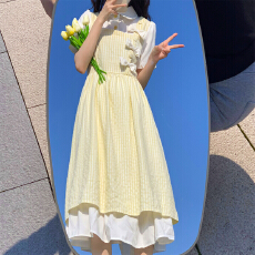 实拍夏季甜美假两件连衣裙女新款法式小个子奶乖温柔风长裙子