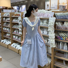 实拍复古学院风蓝白格纹海军领早春连衣裙收腰长裙