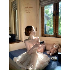 批发迟伞伞26/ss 桃乐丝舞曲 裸色花朵吊带蓬蓬芭蕾纱质连衣<b class='q'>裙</b>短<b class='q'>裙</b>女