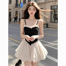 批发法式复古撞色拼接网纱短裙夏季新款小众收腰气质低领轻奢<b class='q'>连衣裙</b>女