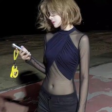 批发性感风藏蓝色网纱长袖打底衫女2026春轻奢风收腰显瘦气质御姐上衣