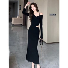 批发黑色长袖连衣裙子女装早秋季穿搭2024新款初秋韩系氛围感<b class='q'>包臀</b><b class='q'>长裙</b>