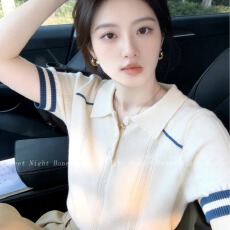 批发夏季新款学院风撞色翻领短袖针织衫女时尚百搭减龄修身短款上衣女