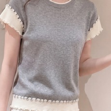 批发灰色法式甜美风撞色拼接短袖<b class='q'>针织衫</b>女夏季宽松减龄<b class='q'>假两件</b>大码上衣