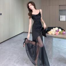 批发夏季高级感缎面拼接网纱<b class='q'>礼服</b>长裙女御姐不规则褶皱修身吊带连衣裙