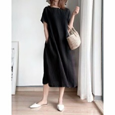 批发简约<b class='q'>文艺</b><b class='q'>范</b>宽松显瘦棉麻连衣裙女夏季2026新款大码胖mm中长款裙子