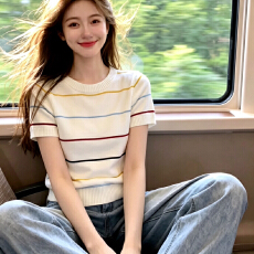 批发80-200斤内可穿大码女装S-XXXL夏季温柔风彩色条纹短袖<b class='q'>针织衫</b>女