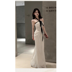 批发林不晚法式蕾丝拼接性感挂脖抹胸<b class='q'>礼服</b>裙女春夏白色长裙宴会晚<b class='q'>礼服</b>