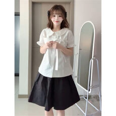 批发官图实价法式温柔气质风泡泡袖蝴蝶结夏季少女感<b class='q'>白色</b>娃娃领衬衫