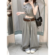 批发盐系高级感<b class='q'>运动服</b>套装女夏季显瘦<b class='q'>时尚</b>斜肩短袖阔腿裤休闲两件套潮