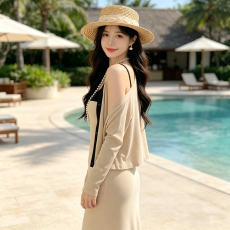 批发纯欲风吊带连衣裙套装女早秋款外搭长袖开衫辣妹收腰显瘦包臀长裙