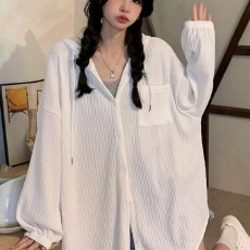 批发连帽薄款<b class='q'>衬衫</b>外套女夏季百搭宽松显瘦中<b class='q'>长款</b>开衫长袖防晒上衣