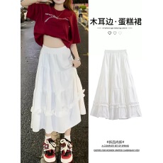 批发白色<b class='q'>荷叶边</b><b class='q'>半身裙</b>女春夏秋2024新款高腰显瘦中长a字芭蕾风蛋糕裙