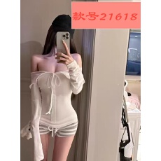批发韩系一字领白色露锁骨<b class='q'>长袖</b>纯欲风修身系带薄款上衣条纹短裤套装女
