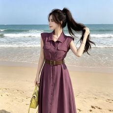 批发夏季新款气质时尚衬衫翻领高级无袖<b class='q'>连衣裙</b>显瘦收腰时尚裙子女