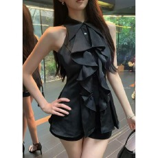 批发官图实价 荷叶边无袖衬衫上衣女夏法式气质中长款收腰修身衬衣