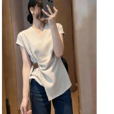 批发夏季新款修身显瘦韩版通勤<b class='q'>时尚</b>百搭V领短袖<b class='q'>衬衫</b>上衣