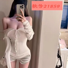 批发韩系一字领白色露锁骨长袖纯欲风修身系带薄款上衣条纹短裤套装女