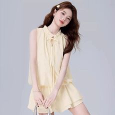 批发老钱风高级设计少女感花边微宽松版型圆领无袖短款短裤连衣裙套装