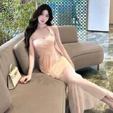 批发女神范挂颈温柔风抹胸洋装纯欲性感高腰气质网纱显瘦<b class='q'>礼服</b>长<b class='q'>裙</b><b class='q'>潮</b>