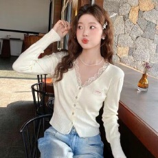 批发时尚潮流白色V领蕾丝打底衫女内搭早春新款修身<b class='q'>长袖</b>上衣