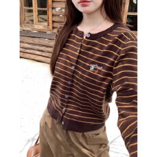 批发温柔慵懒风条纹小狗刺绣针织开衫女<b class='q'>修身</b>软糯高级感上衣早春<b class='q'>小外套</b>